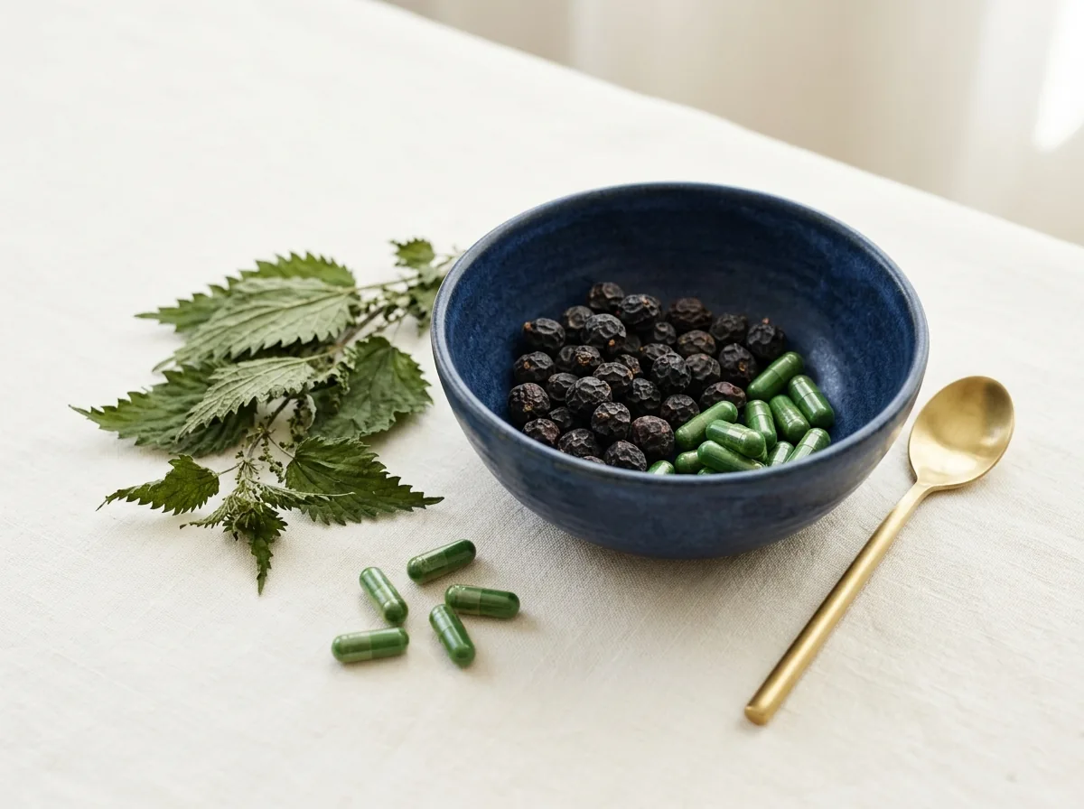 Saw palmetto berries and plant botanicals used in natural supplement for men's urinary comfort
